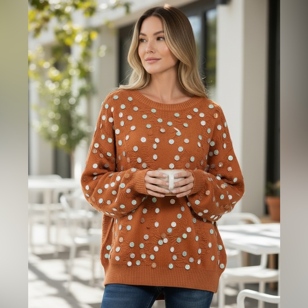 BiBi Distressed Effect Bishop Sleeve Spangled Sweater